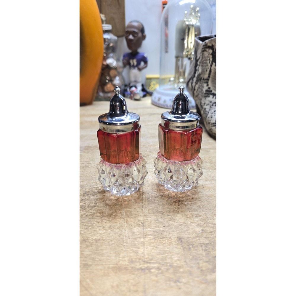 Indiana Glass Ruby Red Flash Kings Crown Diamond Point VTG Salt & Pepper Shakers